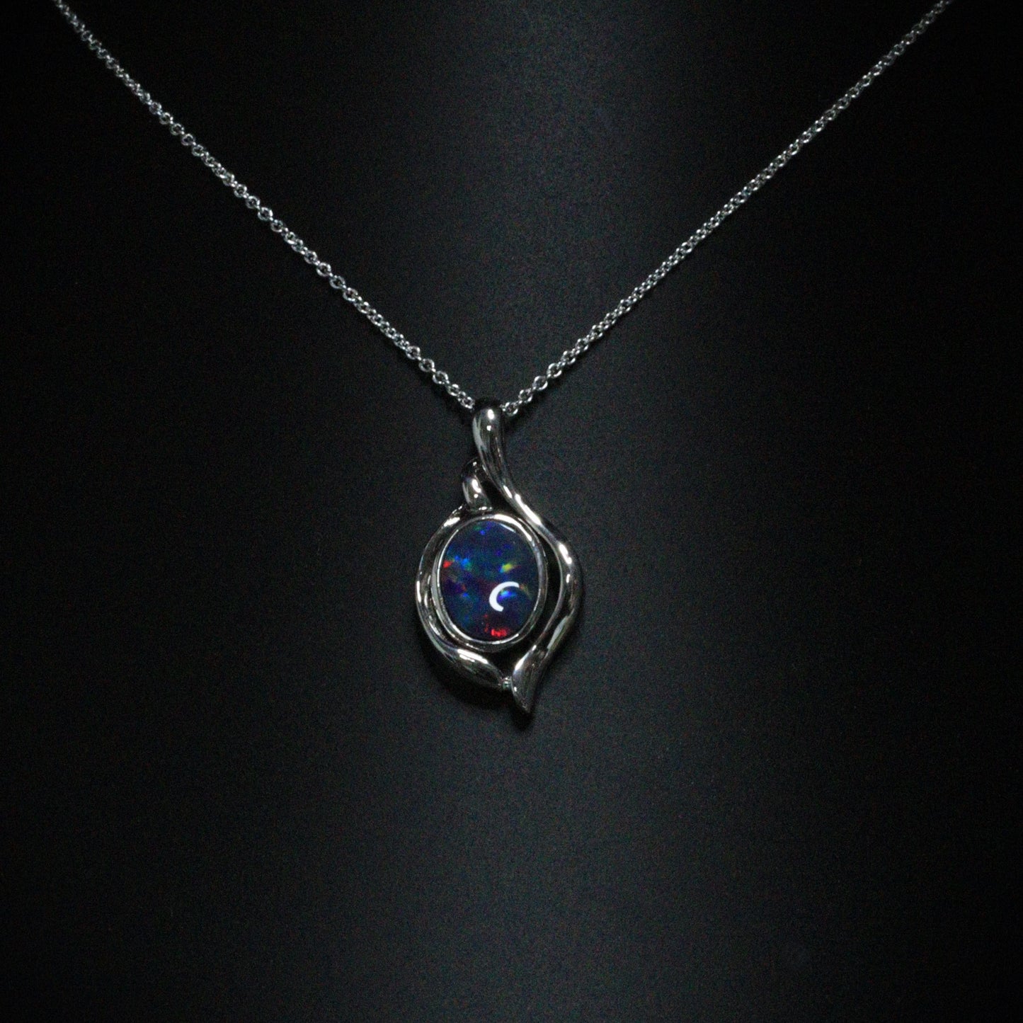 Opal Doublet Pendant – Sterling Silver, 9×7mm, Semi-Dark, Blue