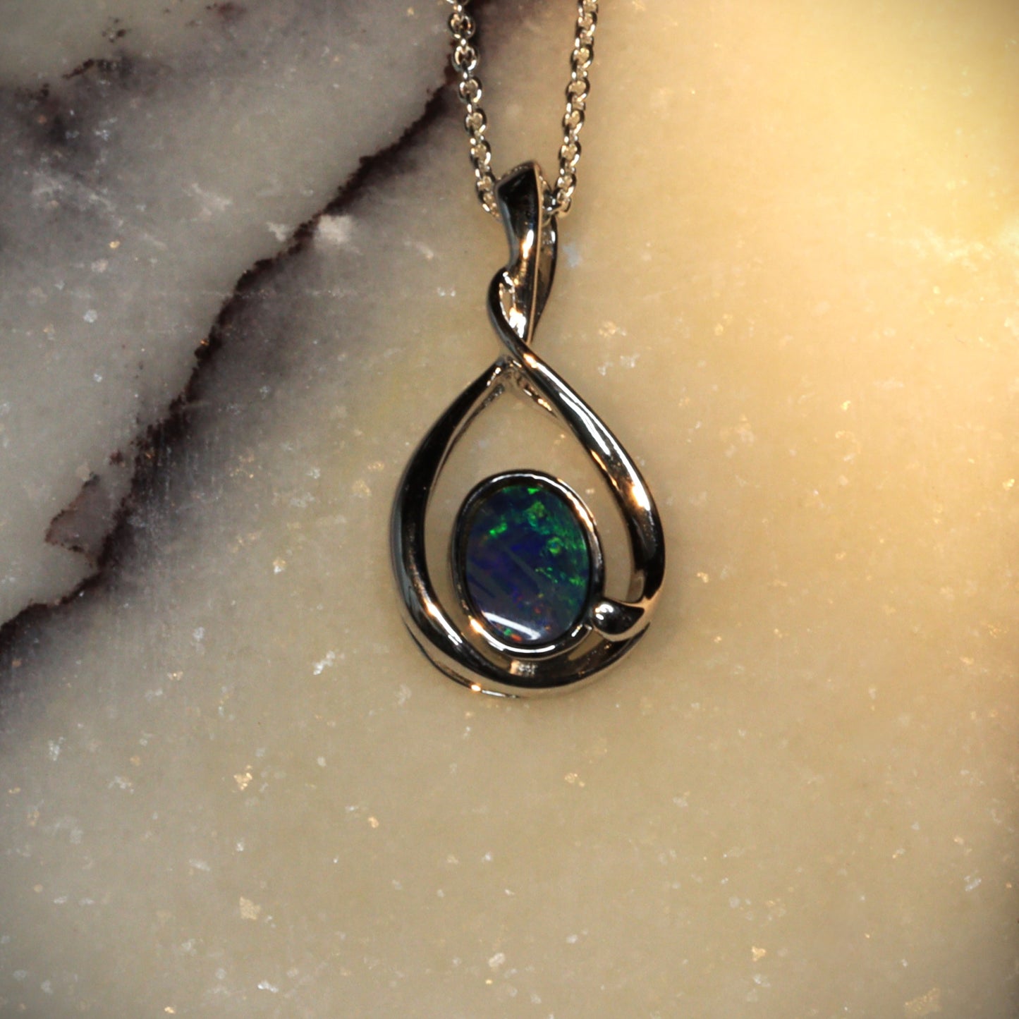 Opal Doublet Pendant – Sterling Silver, 6×4mm, Blue-Green