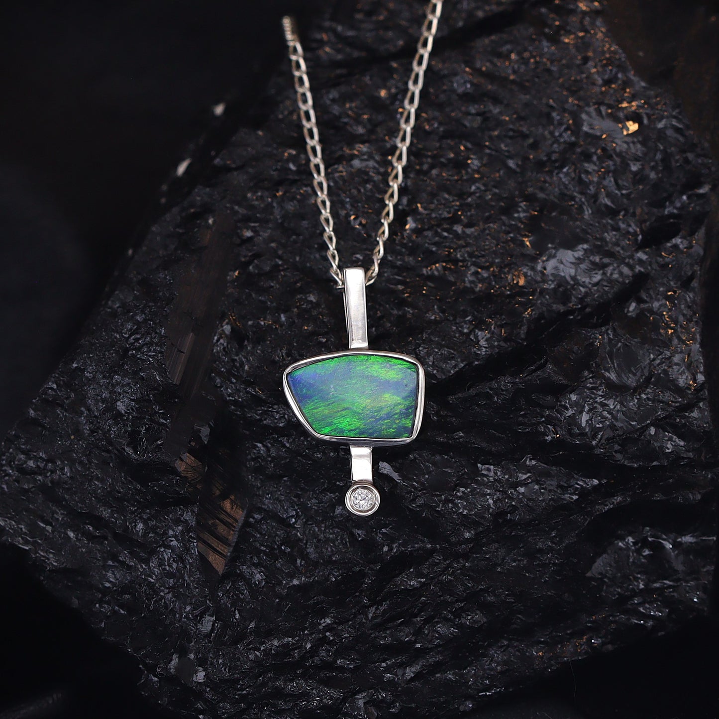 Opal Doublet Pendant – Sterling Silver, 8×13mm, Green Flash 2625