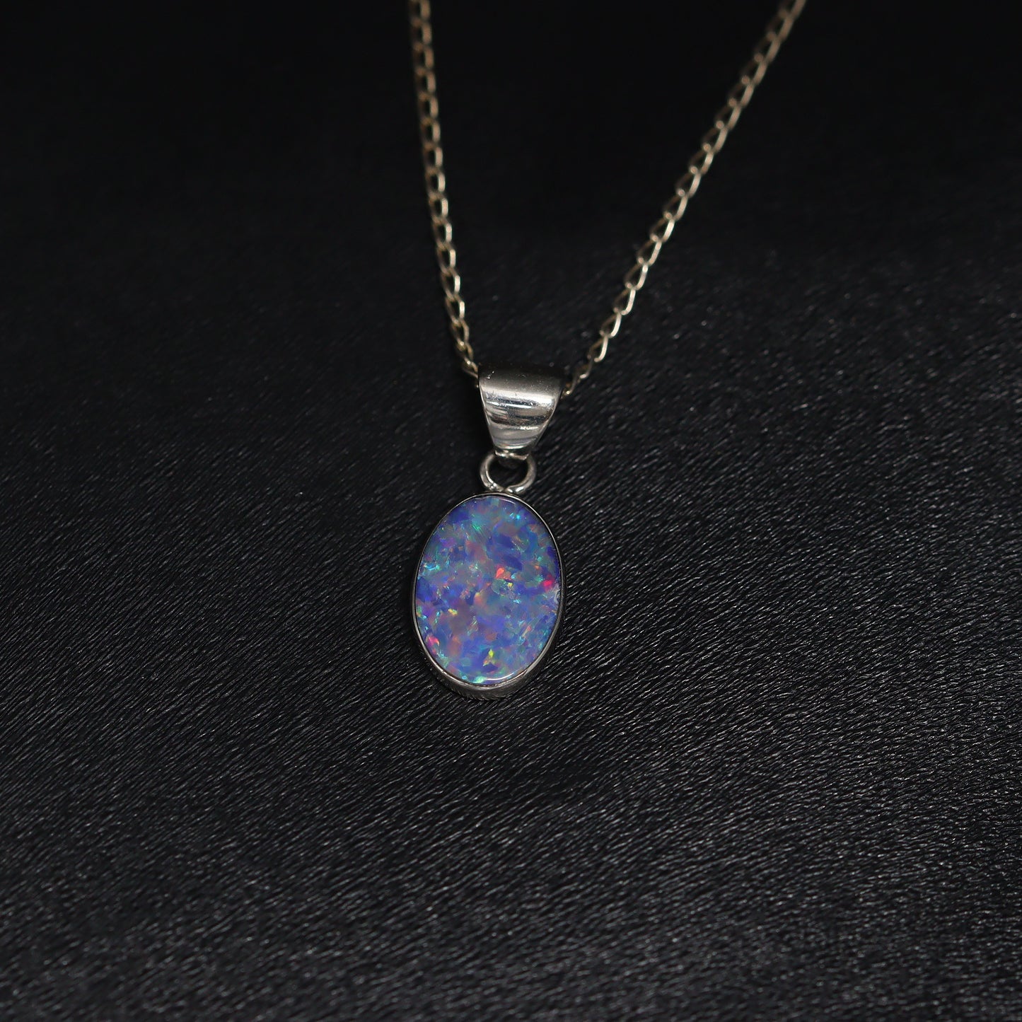 Opal Doublet Pendant – Sterling Silver, 14×10mm, Red & Blue Multicolour 2628