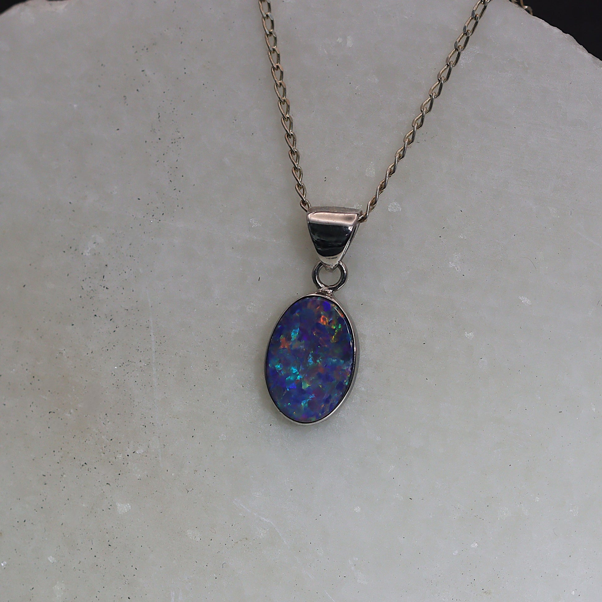 Opal Doublet Pendant – Sterling Silver, 14×10mm, Red & Blue Multicolour 2628