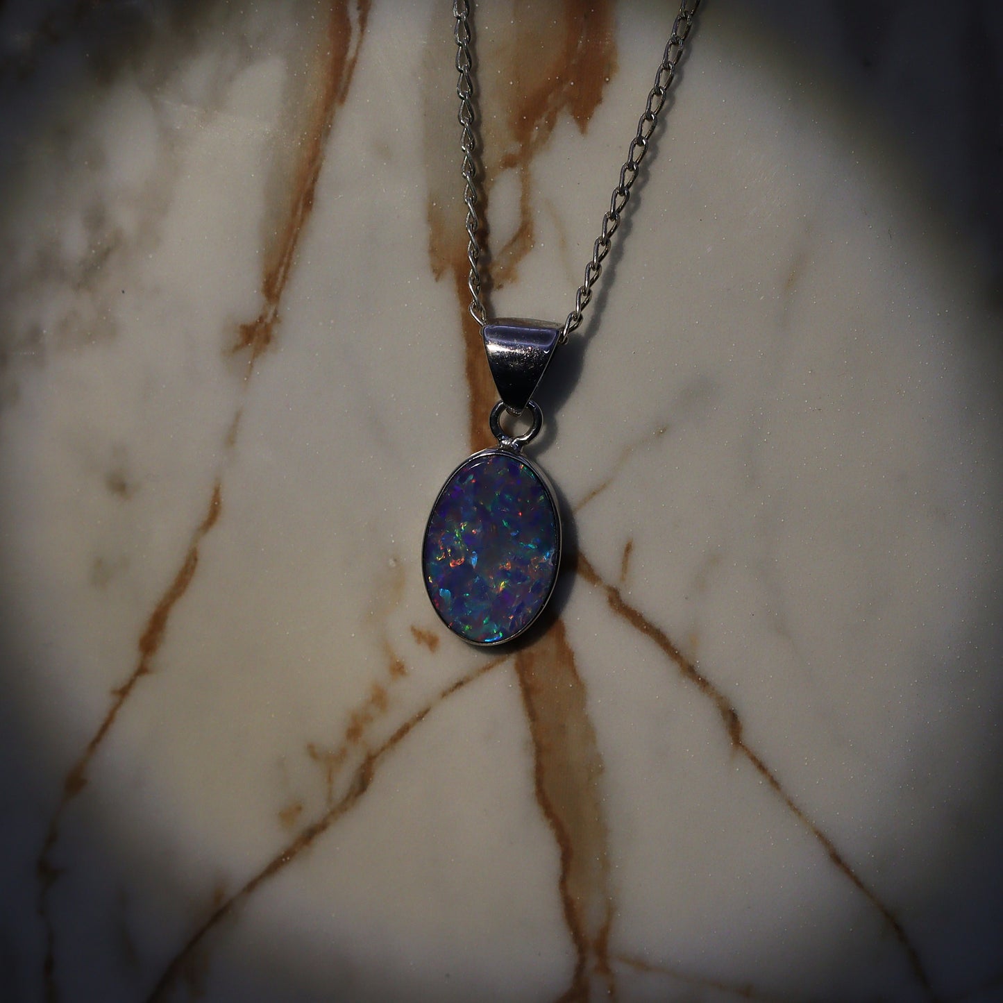 Opal Doublet Pendant – Sterling Silver, 14×10mm, Red & Blue Multicolour 2628