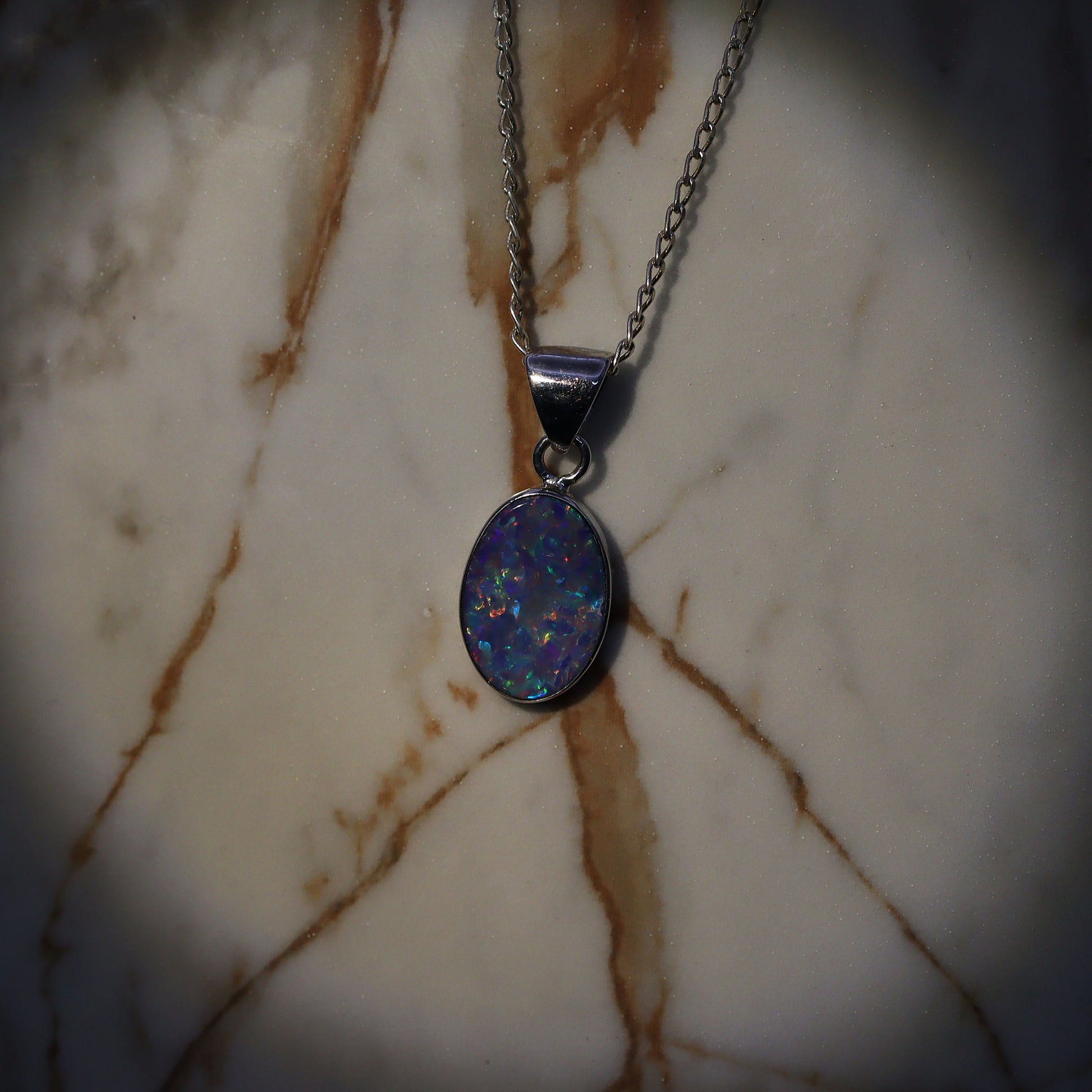 Opal Doublet Pendant – Sterling Silver, 14×10mm, Red & Blue Multicolour 2628