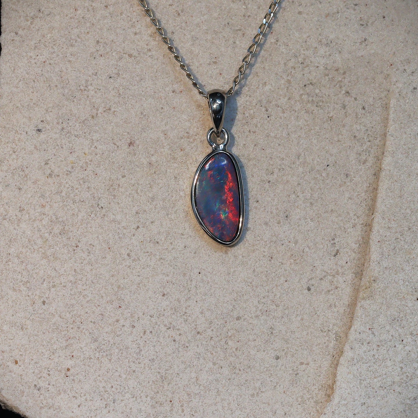 Opal Doublet Pendant – Sterling Silver, 20×8mm, Dominant Red with Blue Flash 2630