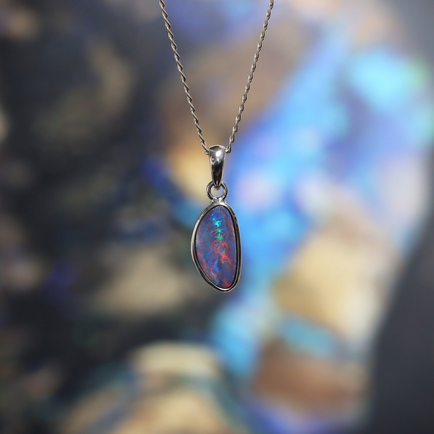 Opal Doublet Pendant – Sterling Silver, 20×8mm, Dominant Red with Blue Flash 2630