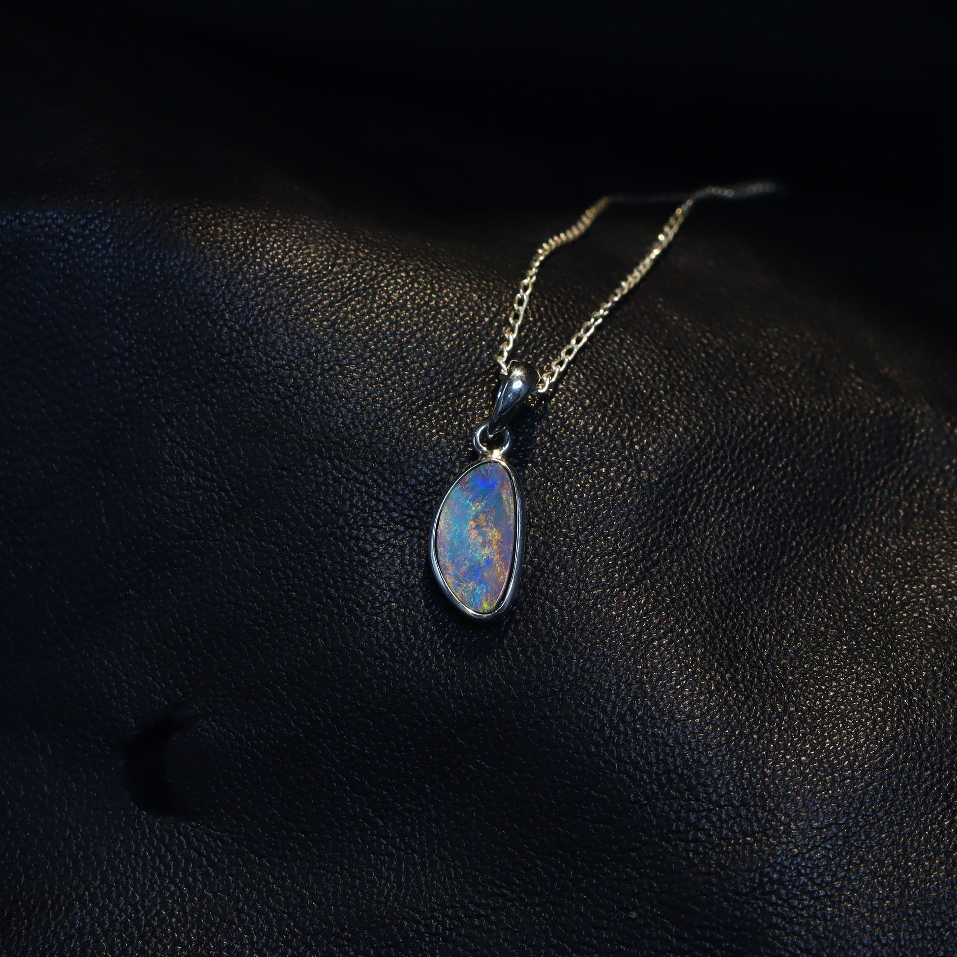 Opal Doublet Pendant – Sterling Silver, 20×8mm, Dominant Red with Blue Flash 2630