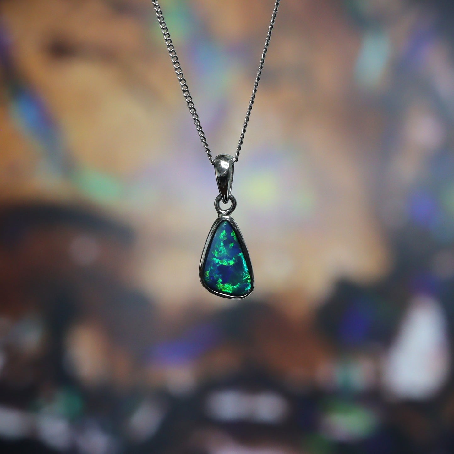 Opal Doublet Pendant – Sterling Silver, 14×9mm, Bright Green Flash 2627