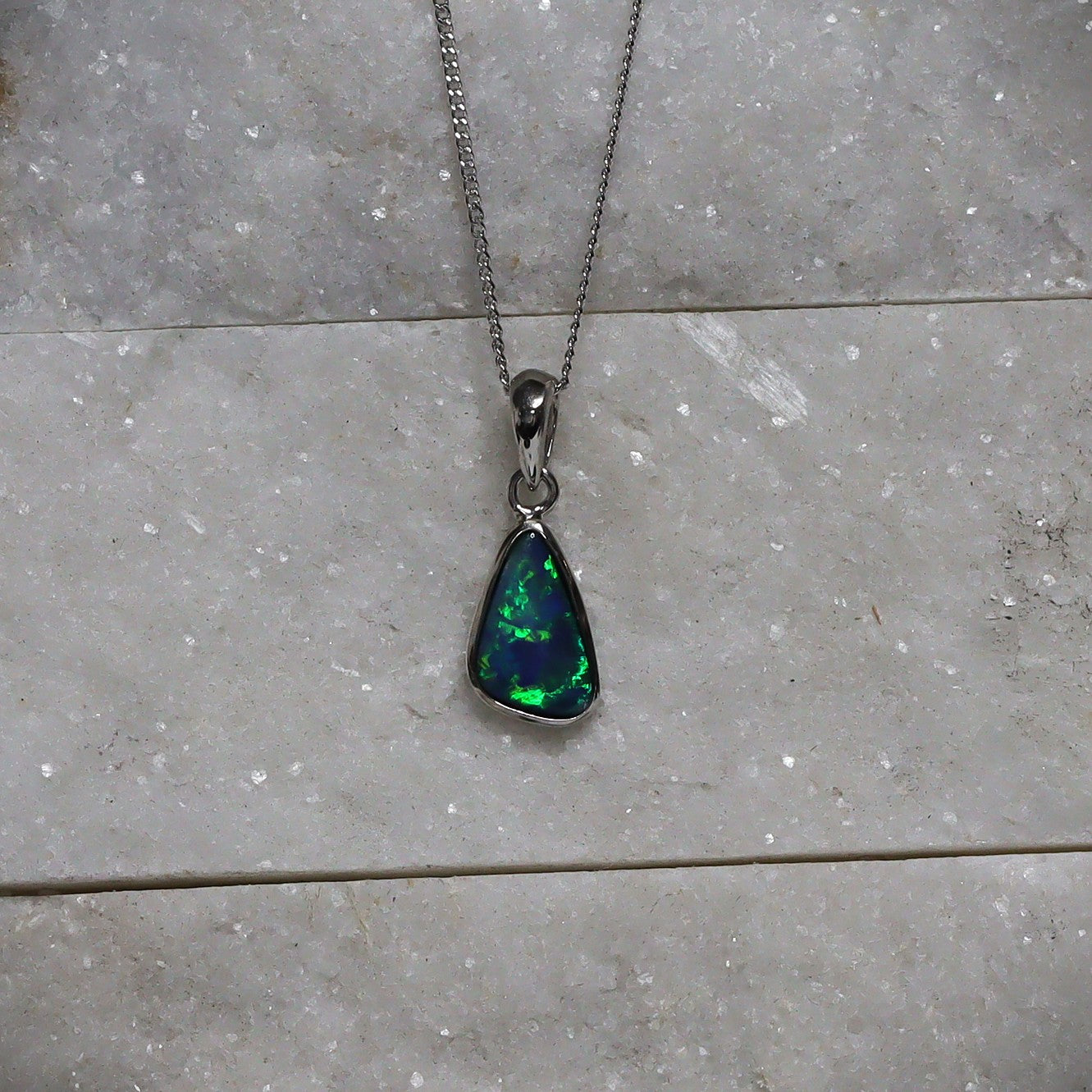 Opal Doublet Pendant – Sterling Silver, 14×9mm, Bright Green Flash 2627