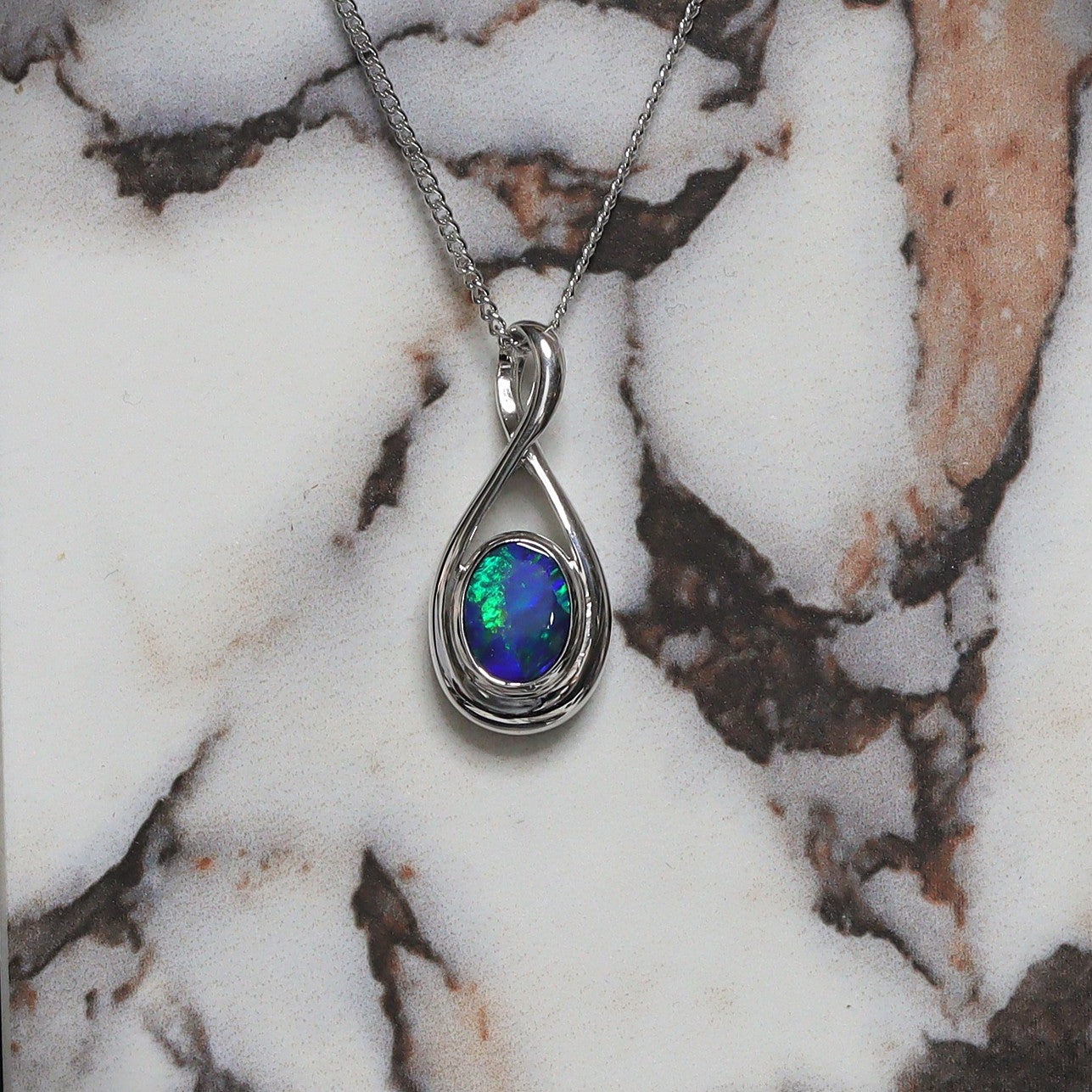 Opal Doublet Pendant – Sterling Silver, 7×5mm, Delicate Green & Blue 2624