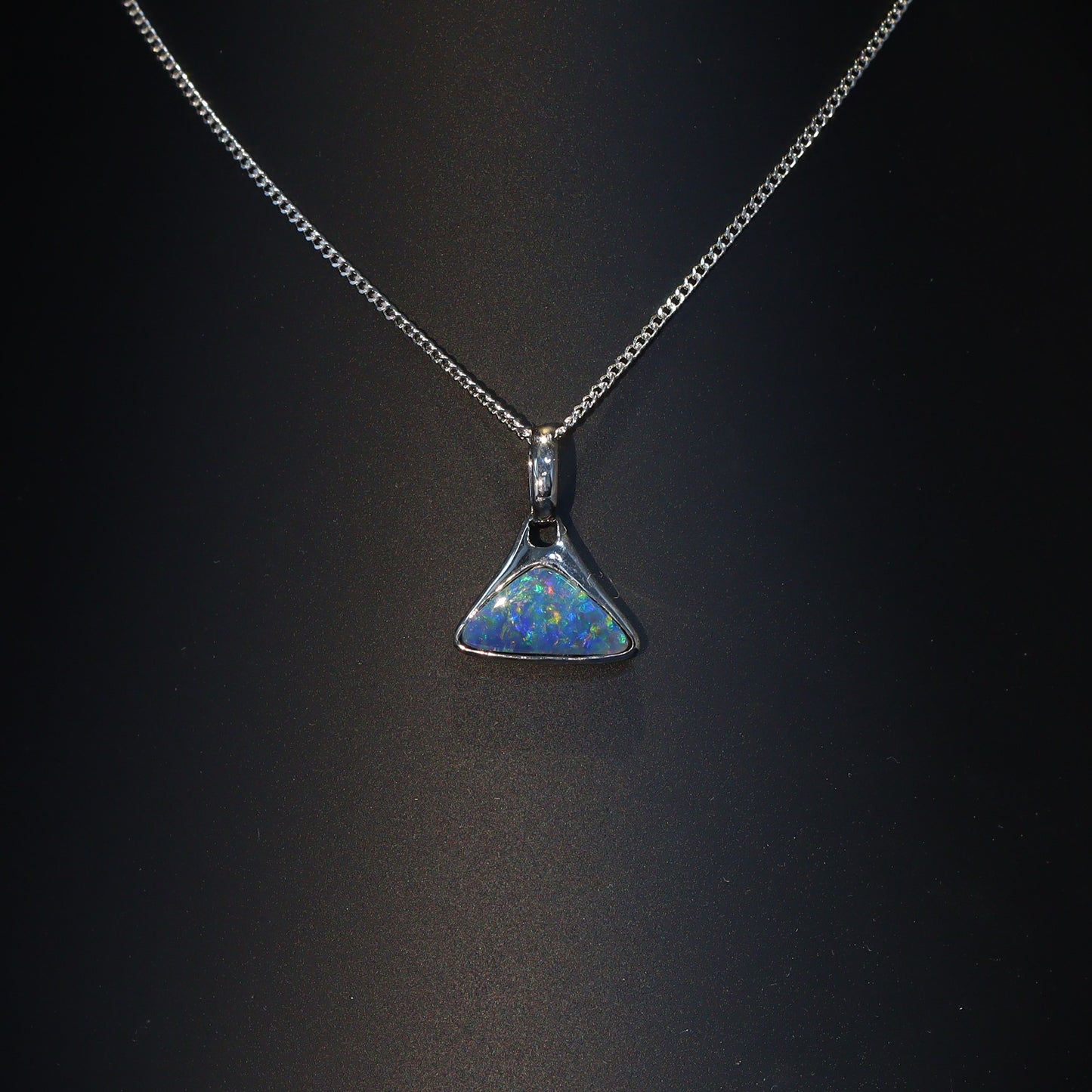 Opal Doublet Pendant – Sterling Silver, 8×13mm, Triangle Shape, Green & Blue 2631