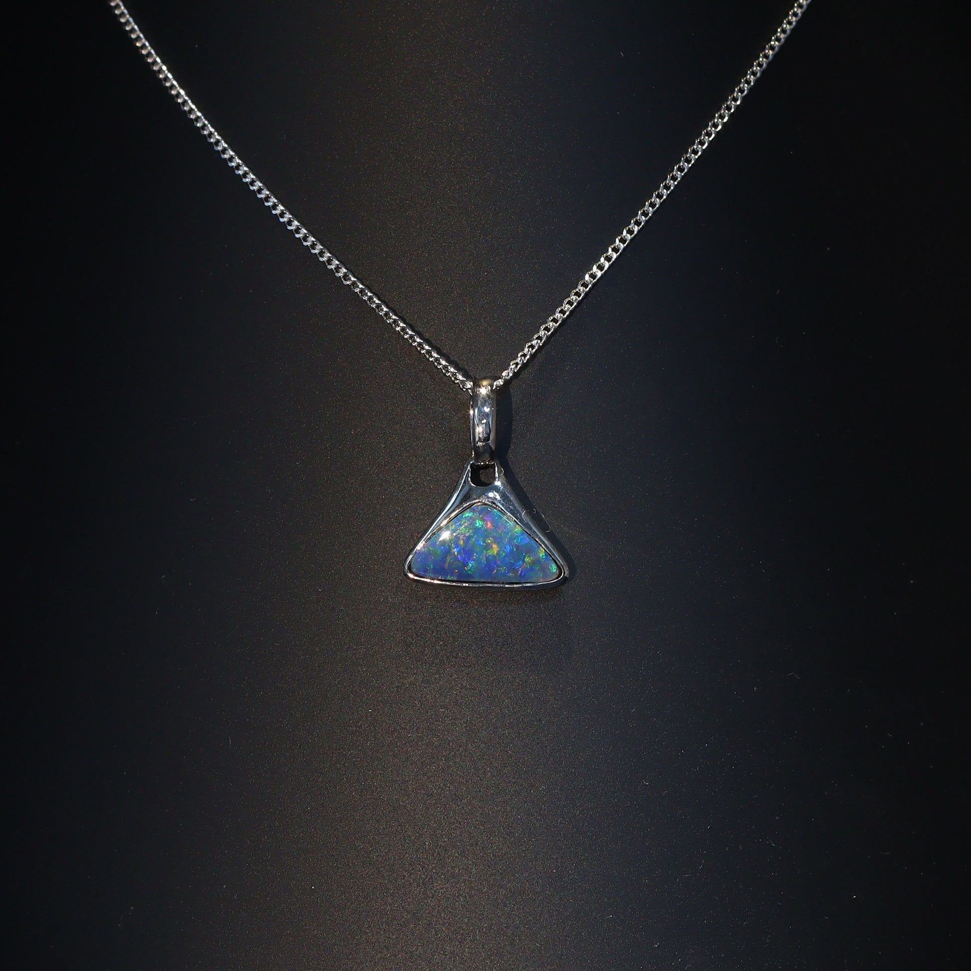 Opal Doublet Pendant – Sterling Silver, 8×13mm, Triangle Shape, Green & Blue 2631