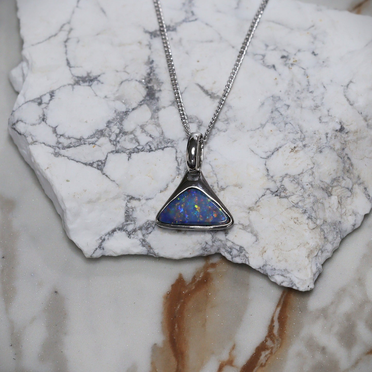 Opal Doublet Pendant – Sterling Silver, 8×13mm, Triangle Shape, Green & Blue 2631