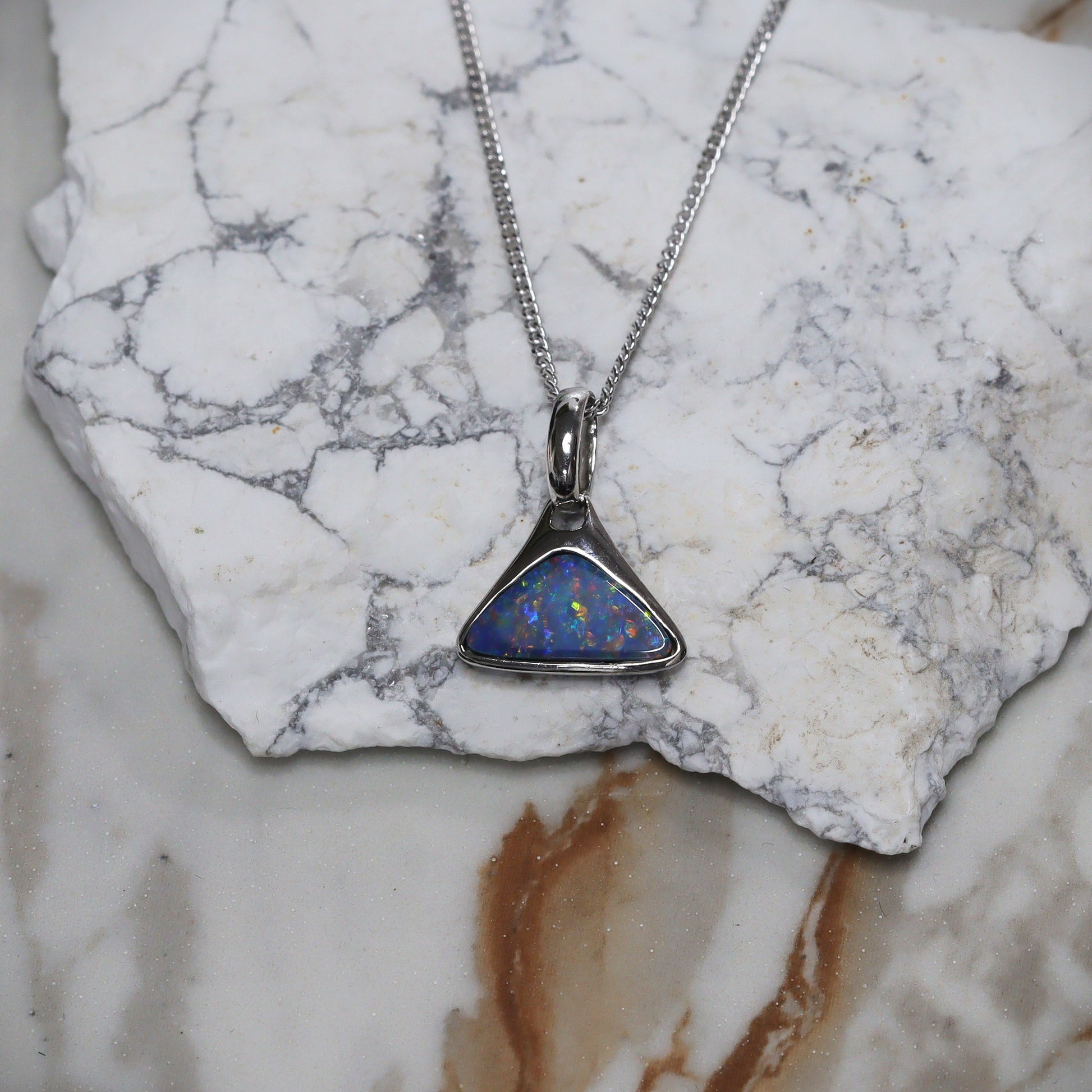 Opal Doublet Pendant – Sterling Silver, 8×13mm, Triangle Shape, Green & Blue 2631