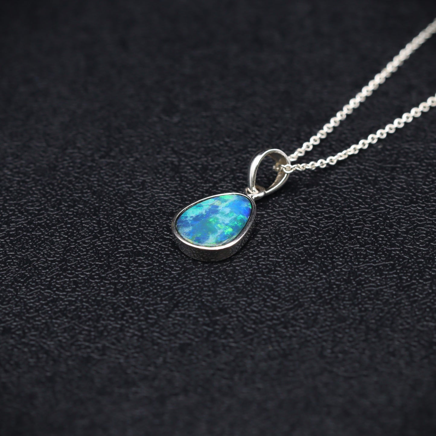 Opal Doublet Pendant – Sterling Silver, 12×10mm, Green & Blue Flash 2632