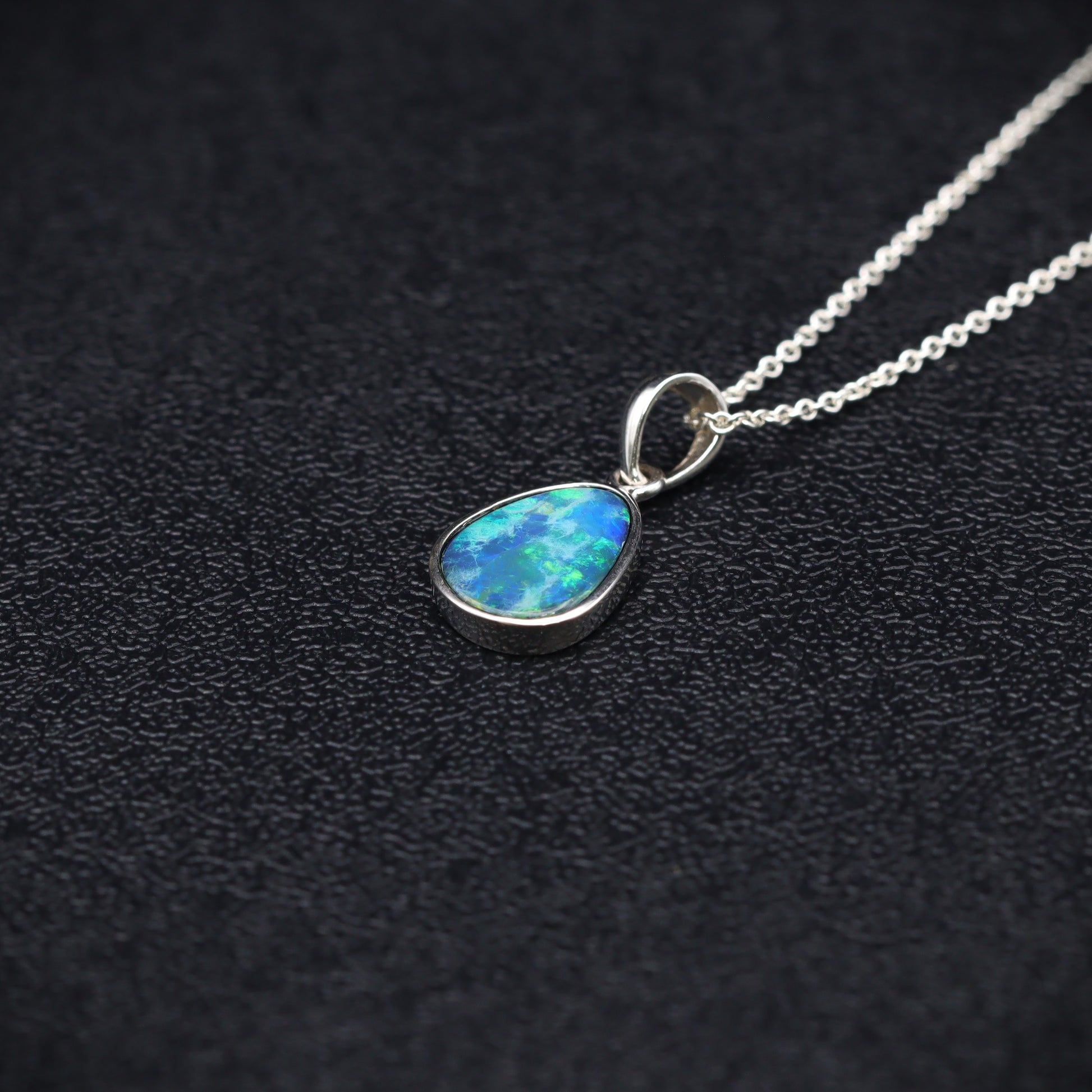 Opal Doublet Pendant – Sterling Silver, 12×10mm, Green & Blue Flash 2632