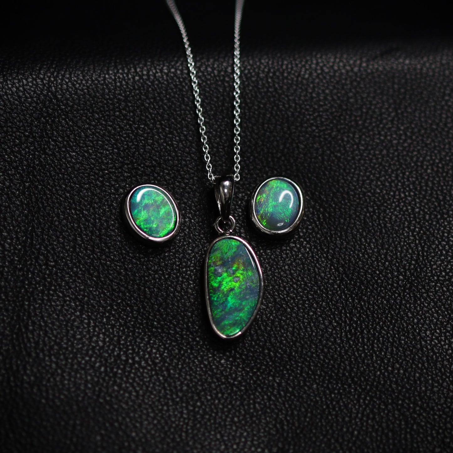 Australian opal doublet silver pendant and earrings