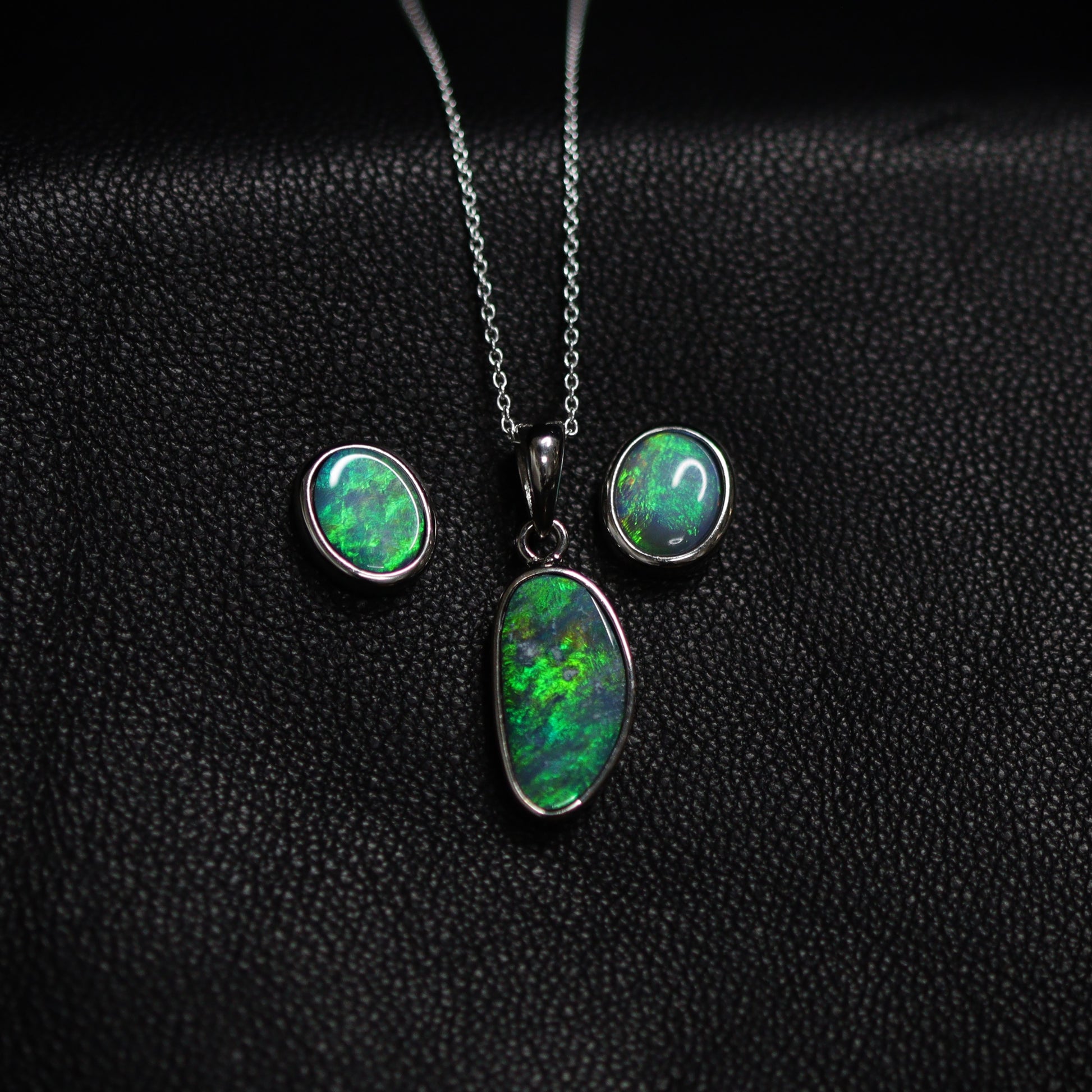 Australian opal doublet silver pendant and earrings