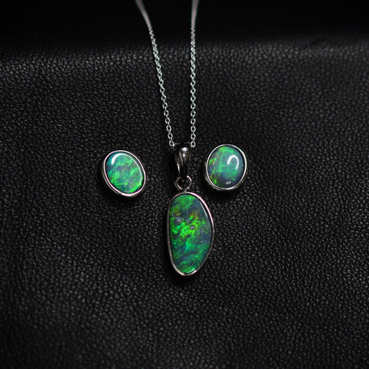 Australian opal doublet silver pendant and earrings