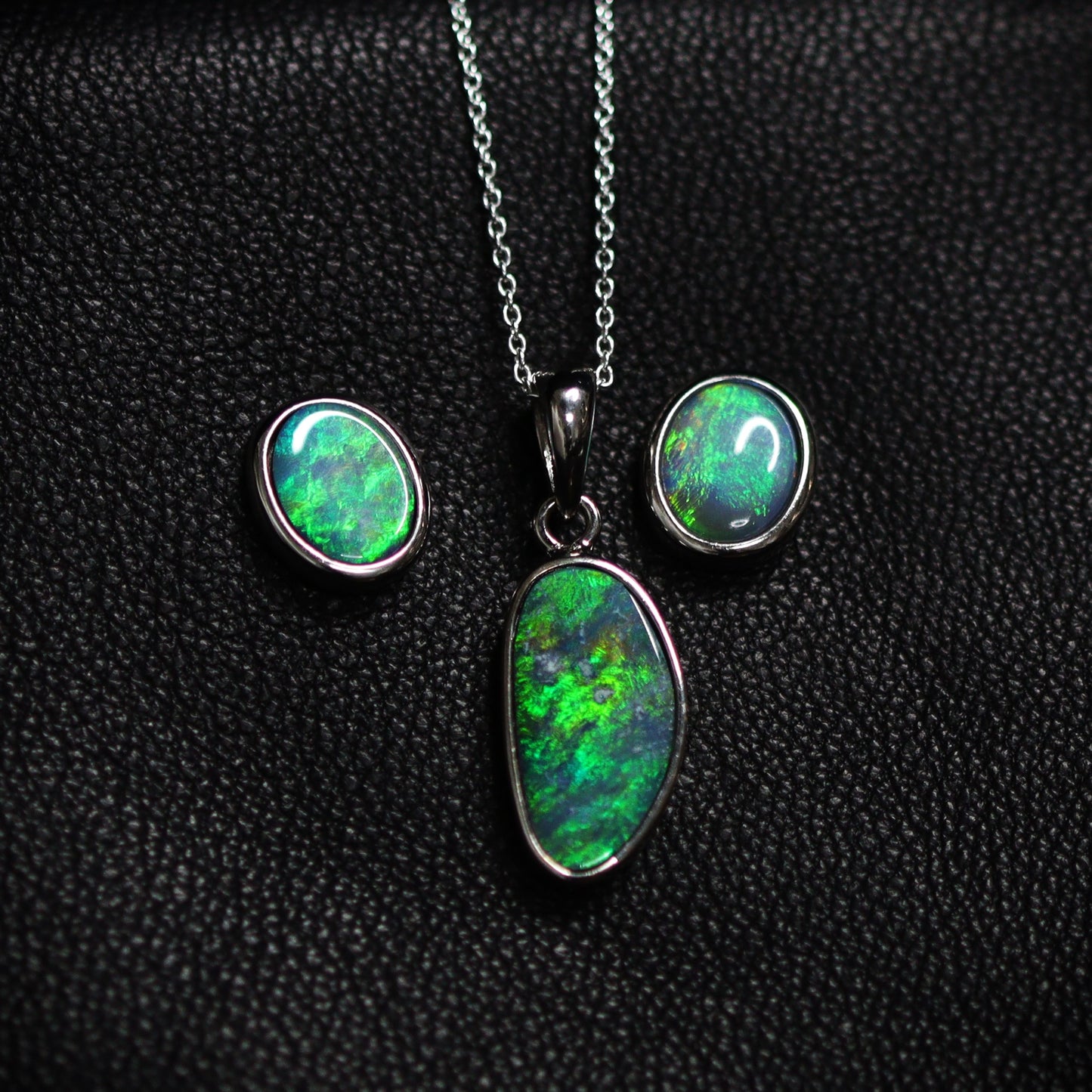 Australian opal doublet silver pendant and earrings