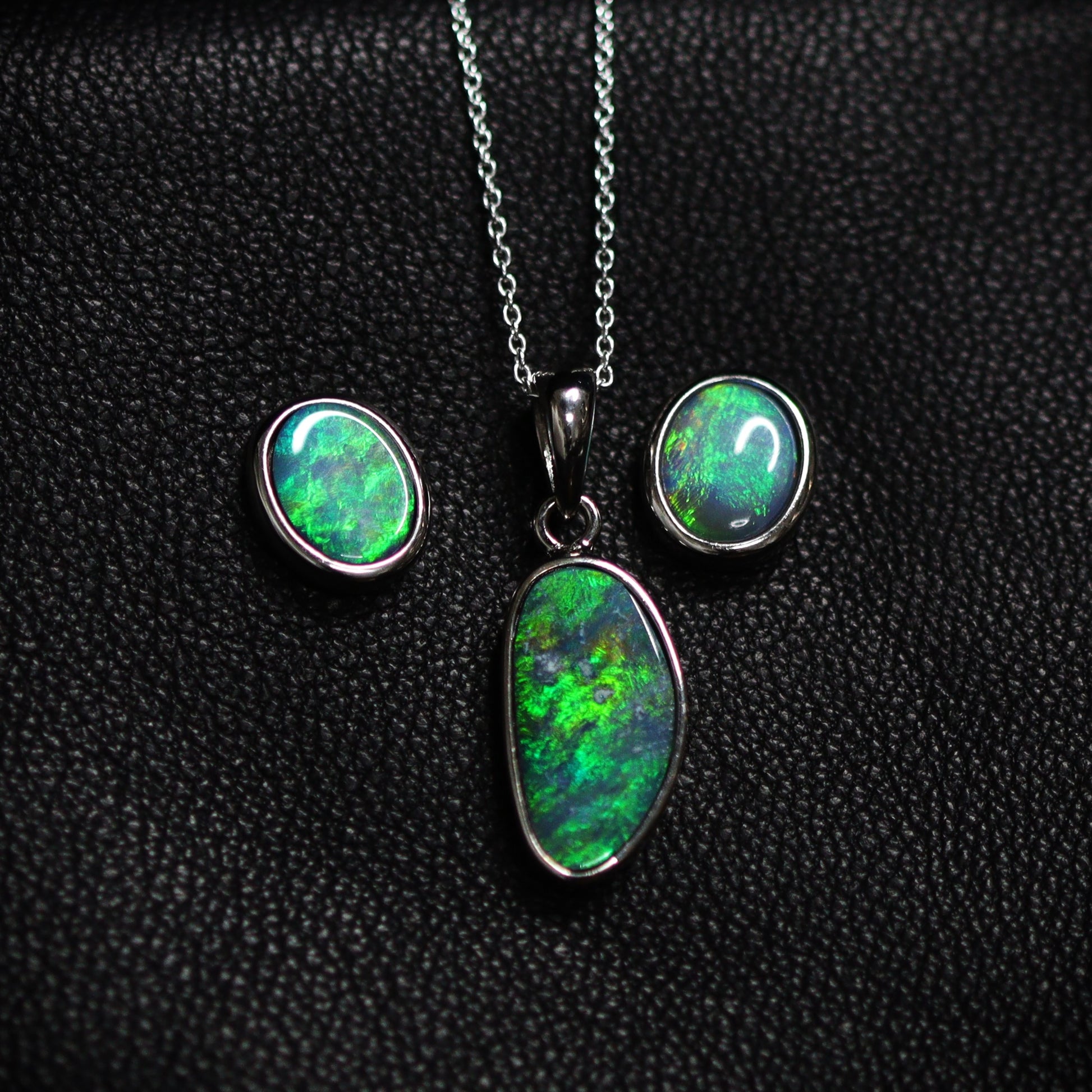Australian opal doublet silver pendant and earrings