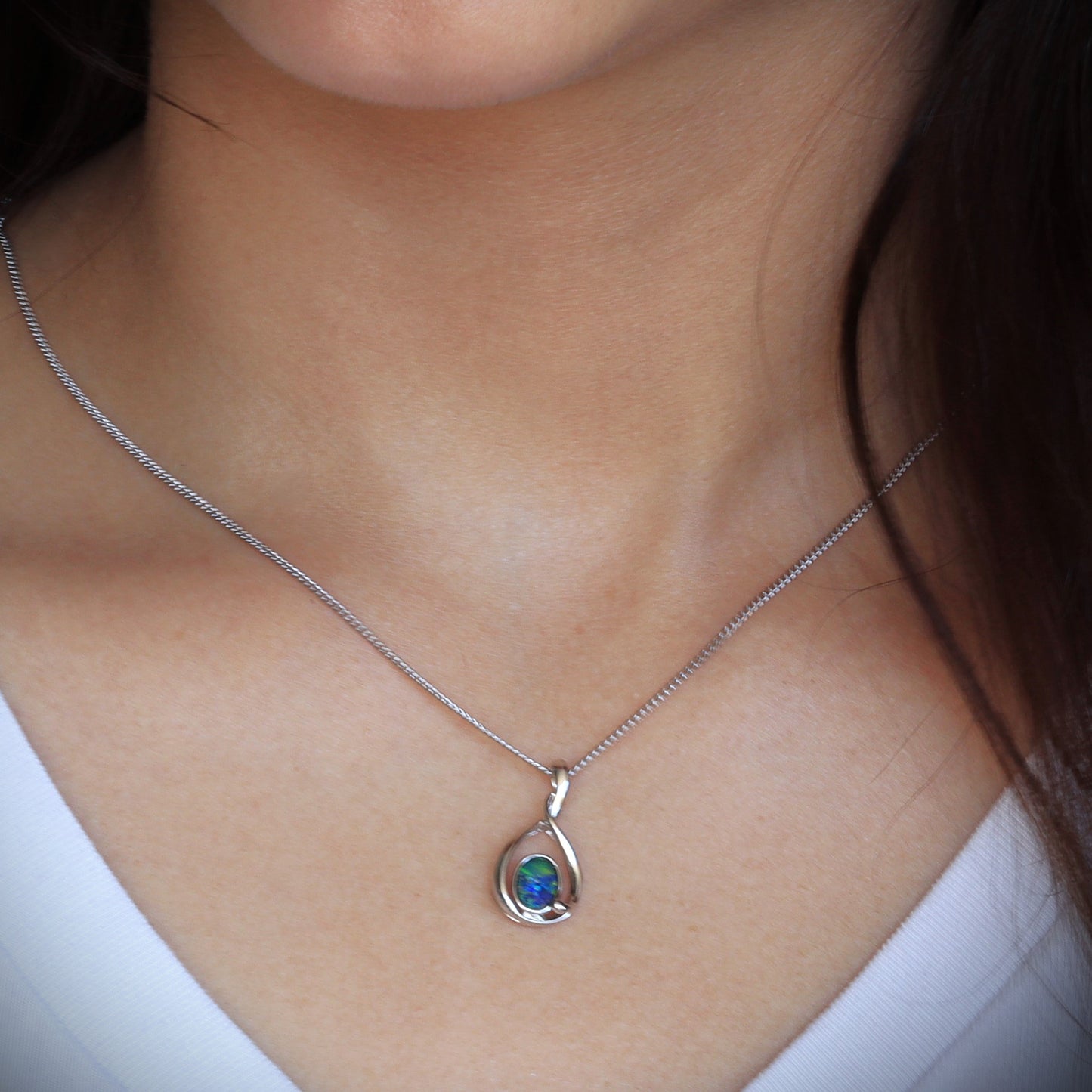 Opal Doublet Pendant – Sterling Silver, 7×5mm, Green Multicolour