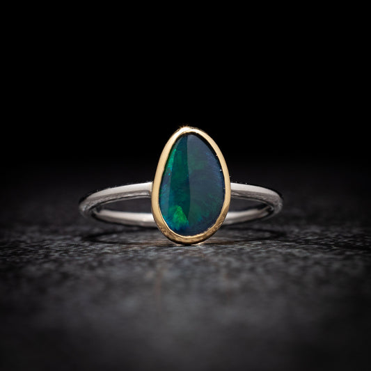 Australian Black Opal in 18 karat Gold and Sterling Silver ring 