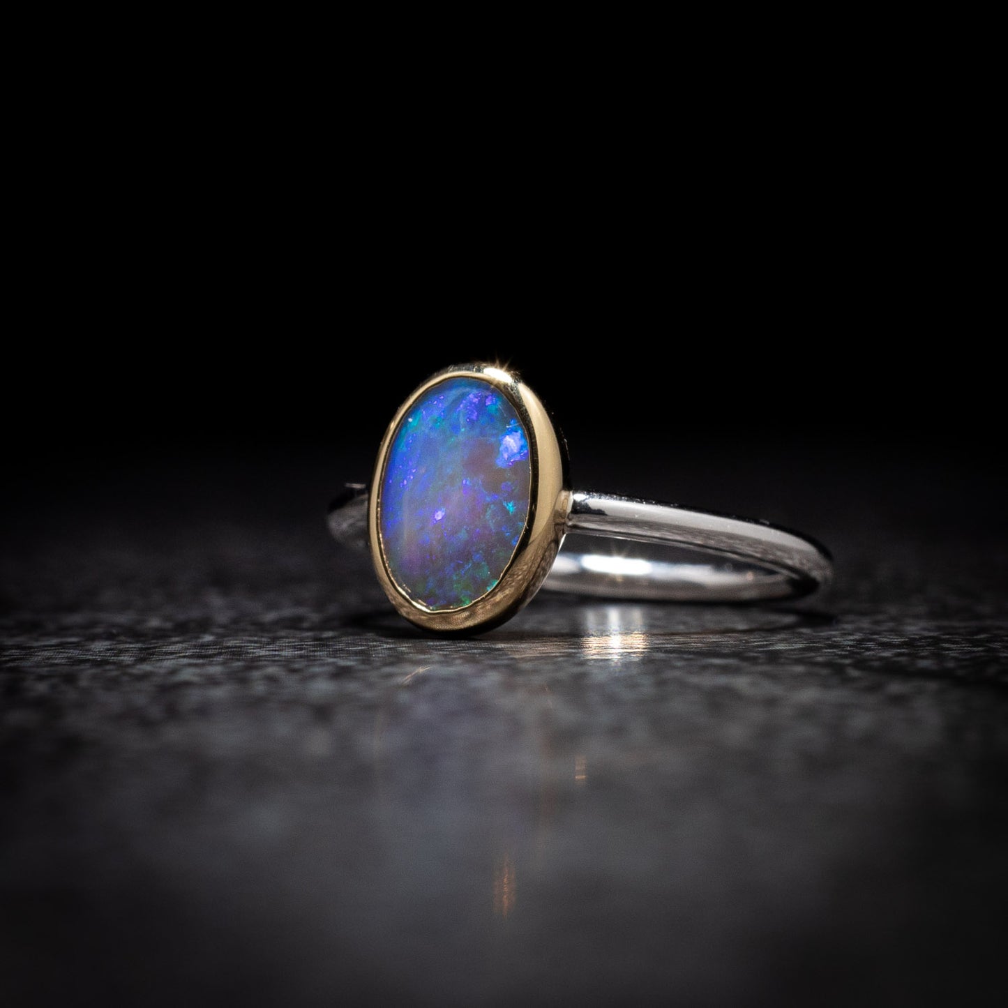 Australian Black Opal crystal in 18 karat Gold and Silver Ring