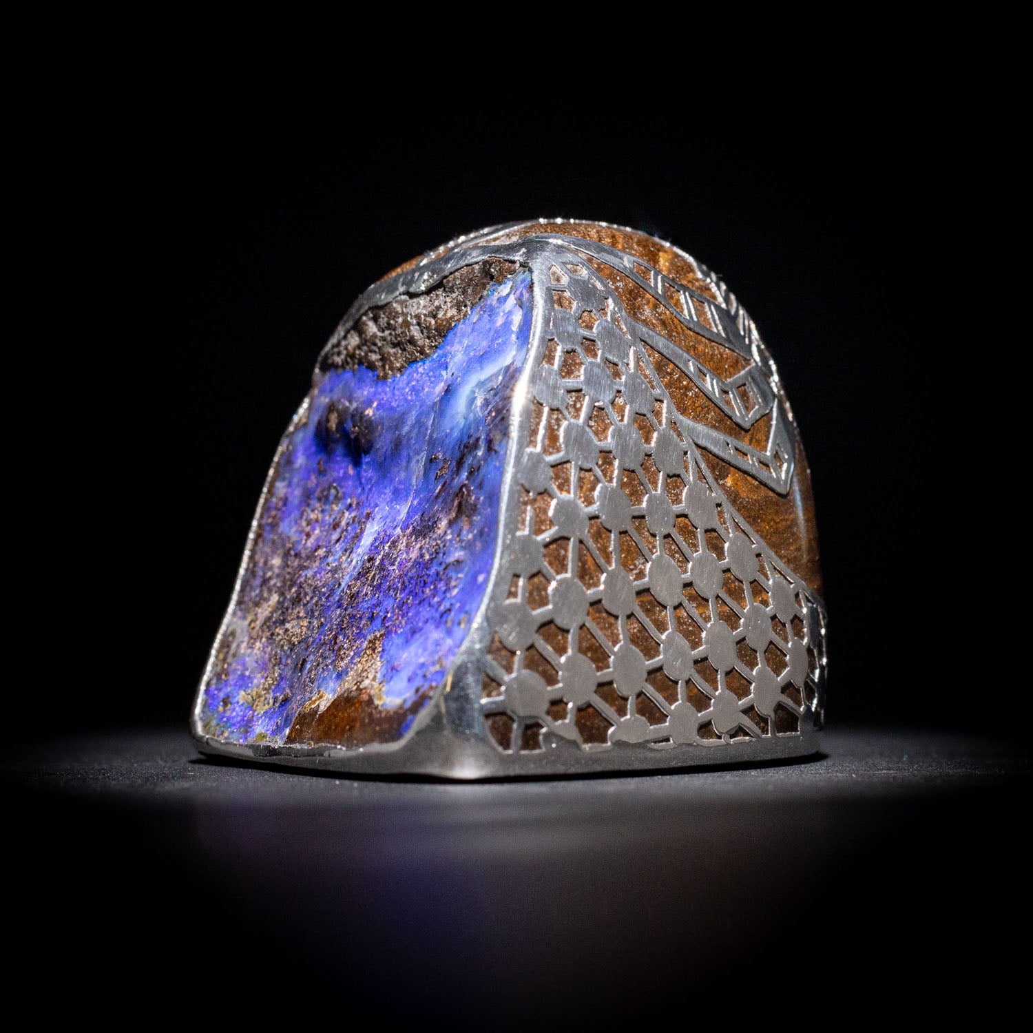 Australian Boulder opal specimen in pure silver art