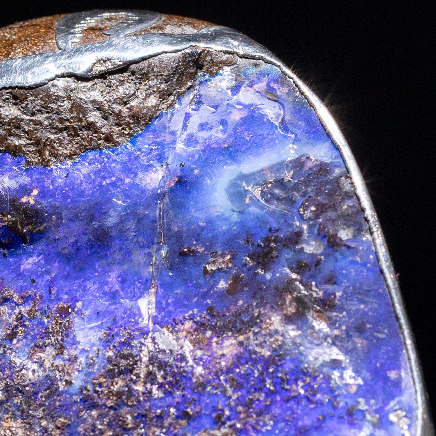 Australian Boulder opal specimen in pure silver art