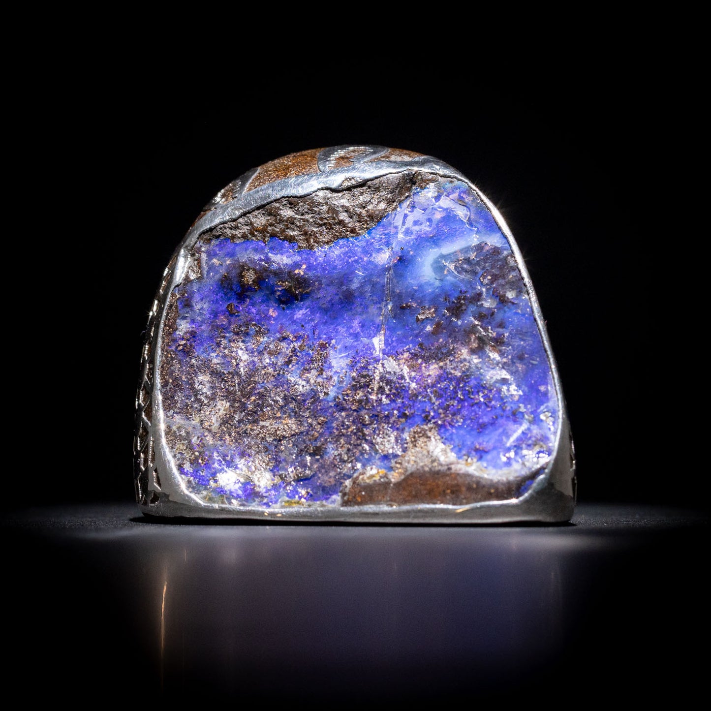 Australian Boulder opal specimen in pure silver art