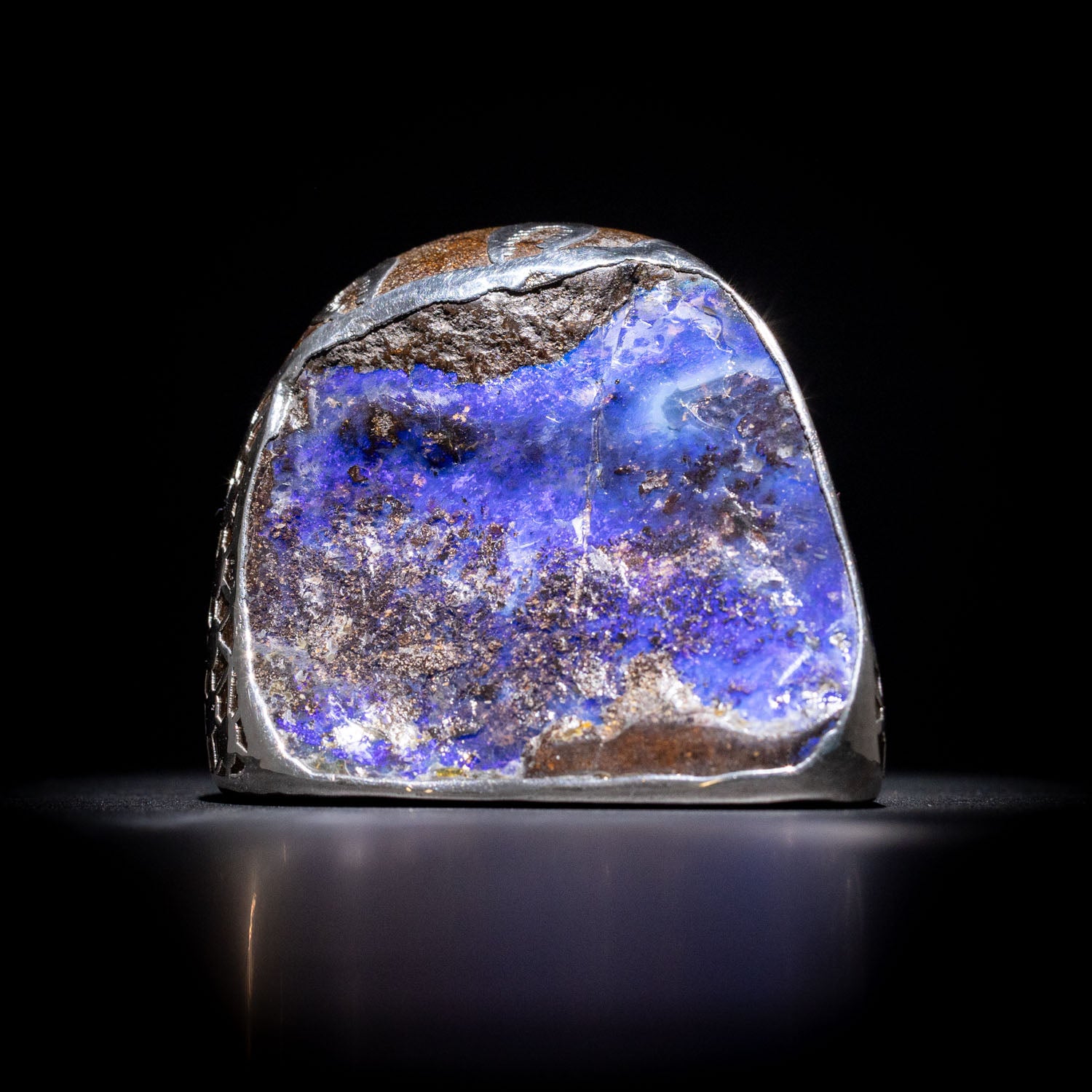 Australian Boulder opal specimen in pure silver art