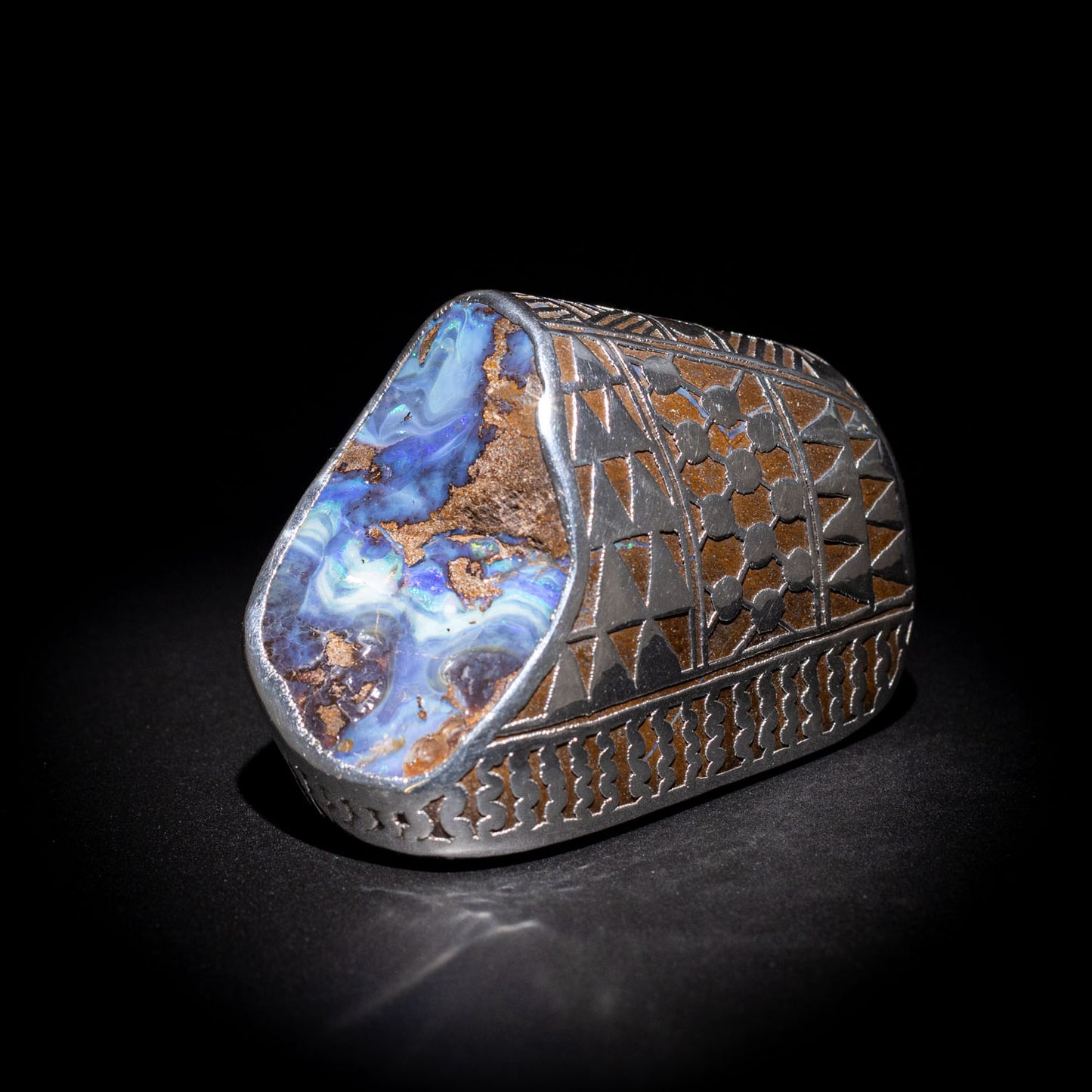 Australian Boulder opal specimen in pure silver art