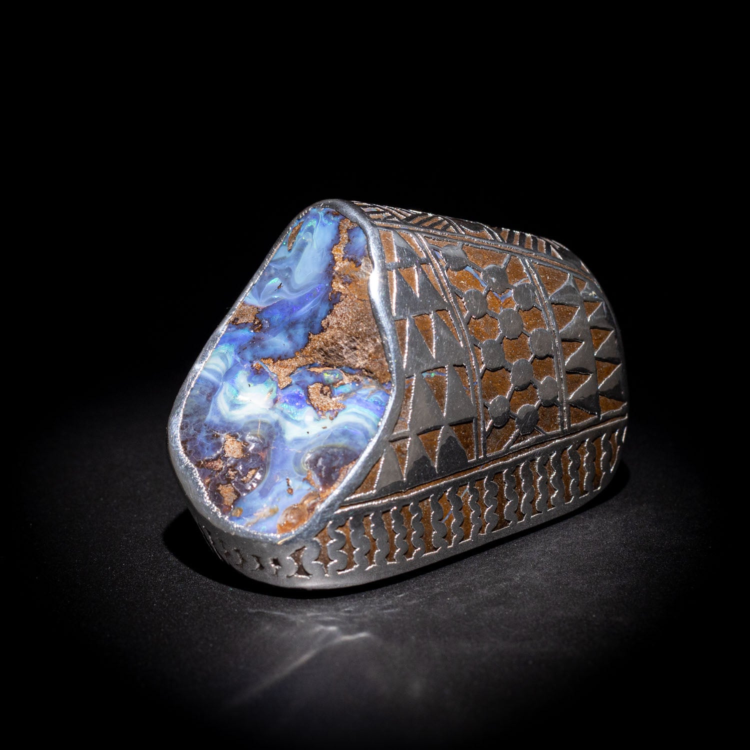 Australian Boulder opal specimen in pure silver art