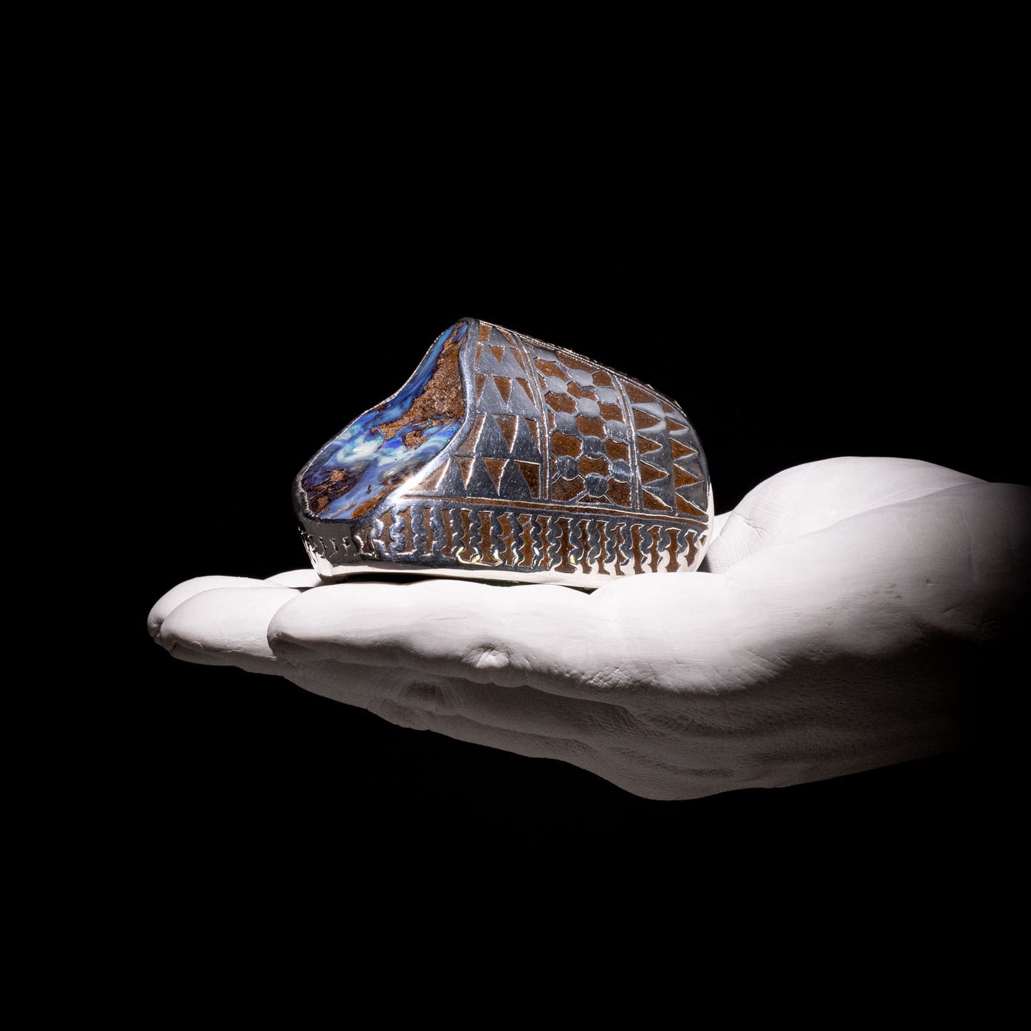 Australian Boulder opal specimen in pure silver art