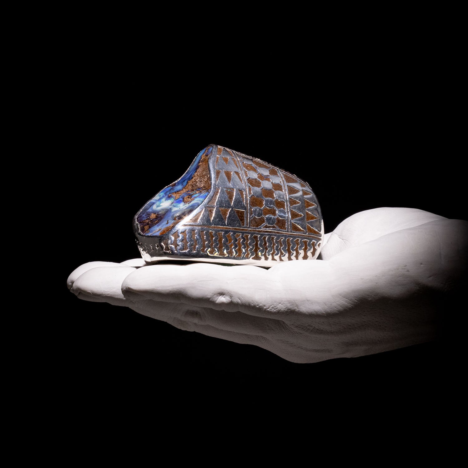 Australian Boulder opal specimen in pure silver art