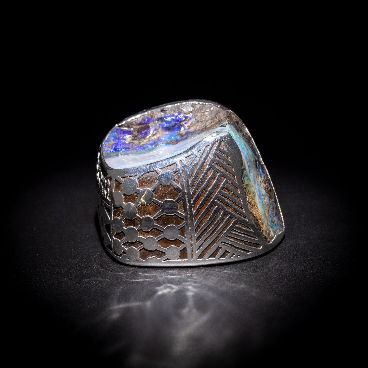 Australian Boulder opal specimen in pure silver art