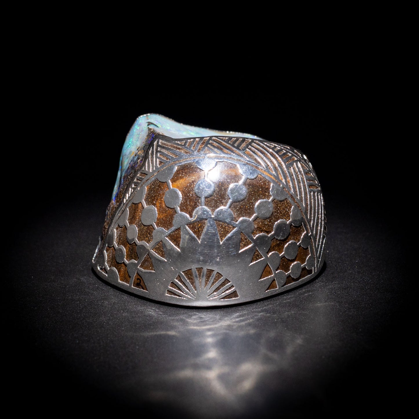 Australian Boulder opal specimen in pure silver art