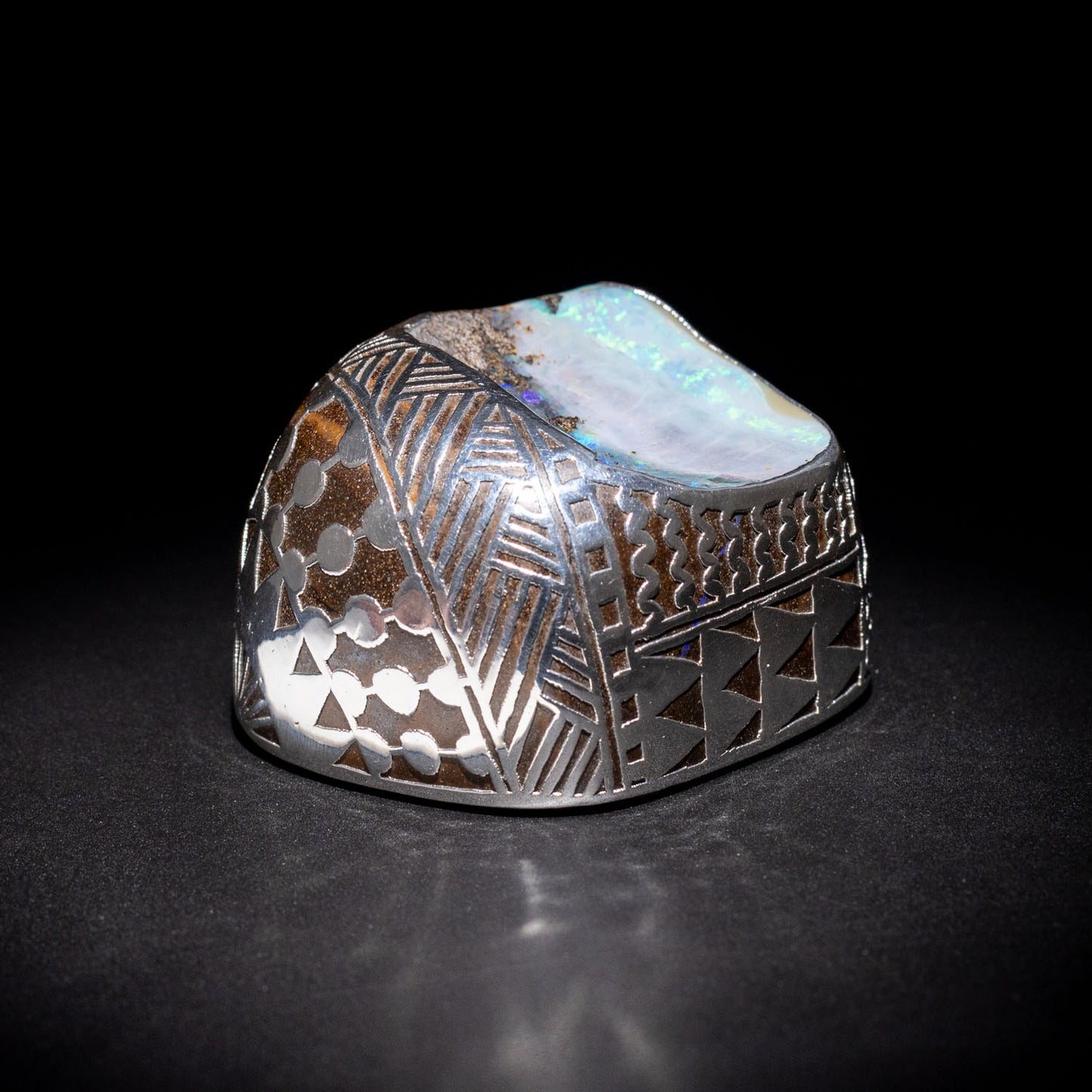 Australian Boulder opal specimen in pure silver art