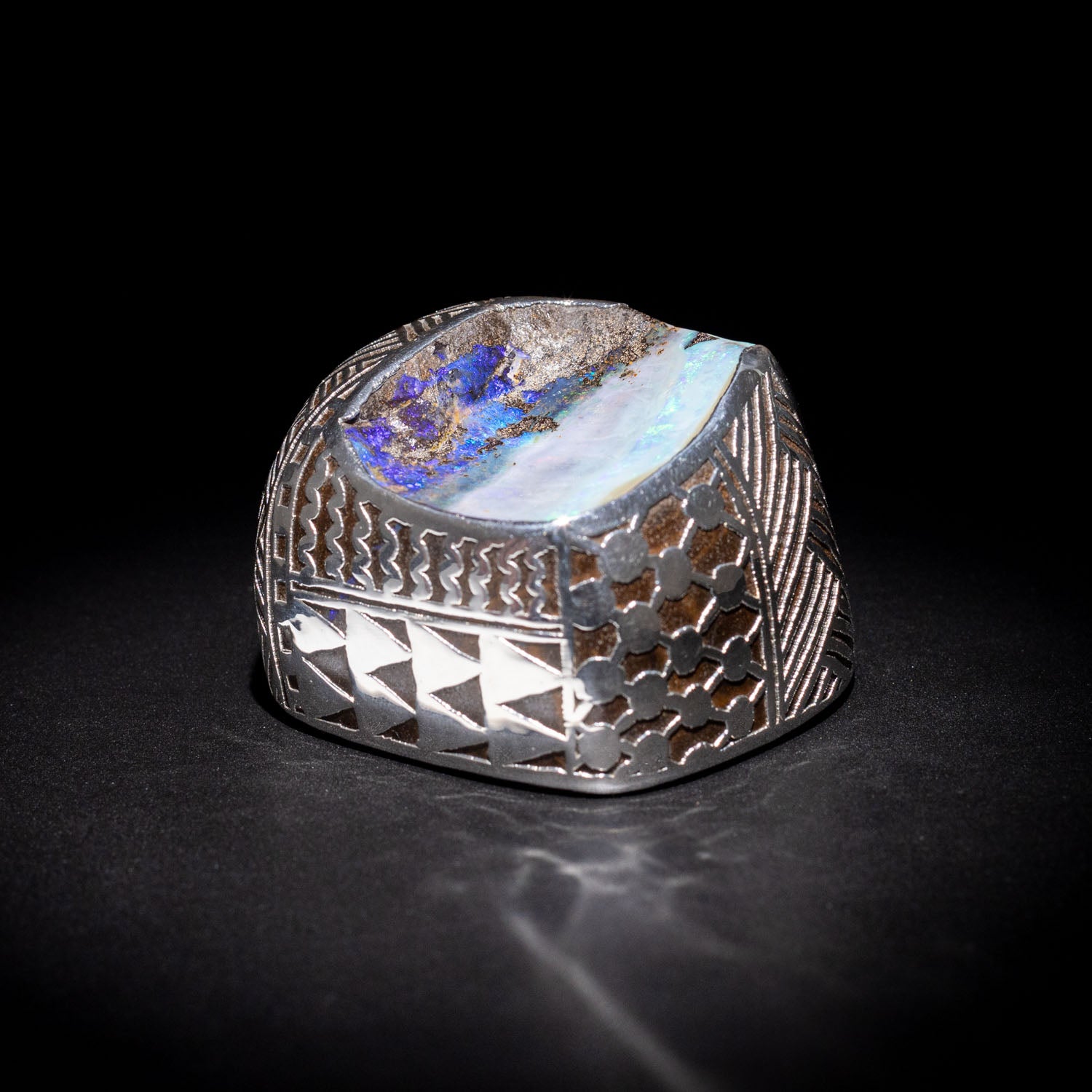 Australian Boulder opal specimen in pure silver art