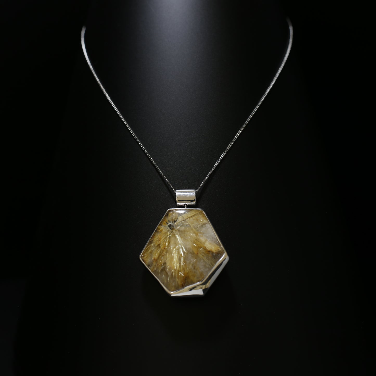 Golden Rutilated Quartz Silver Pendant – Hematite Inclusion, 41x40mm